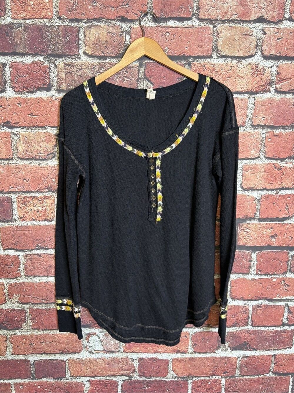 We The Free People Black Waffle Knit Thermal Top Patterned Cuffs Womens Large